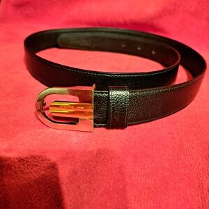 Elegant Black Leather Belt with Gold Buckle